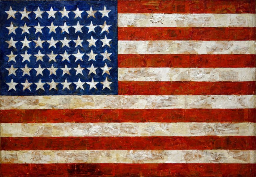 Jasper Johns, Flag, 1954-55 (dated on reverse 1954), encaustic, oil, and collage on fabric mounted on plywood, three panels, 42-1/4 x 60-5/8 inches /107.3 x 153.8 cm (The Museum of Modern Art)