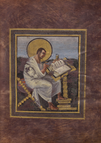 Saint Matthew, folio 15 recto of the Coronation Gospels (Gospel Book of Charlemagne), from Aachen, Germany, c. 800-810, ink and tempera on vellum (Schatzkammer, Kunsthistorisches Museum, Vienna)