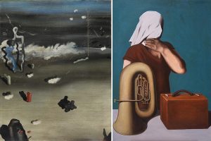 Left: Yves Tanguy, Apparitions, 1927, oil on canvas, 92.075 x 73.025 cm (Dallas Museum of Art); right: René Magritte, The Central Story, 1928, oil on canvas (Private collection)