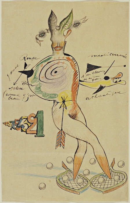 Yves Tanguy, Joan Miró, Max Morise, and Man Ray, Untitled (Exquisite Corpse), 1926-27, colored pencil, pencil, and ink on paper, 35.9 x 22.9 cm (MoMA)