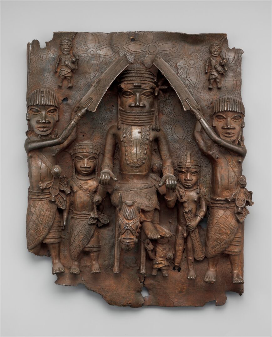 Plaque: Equestrian Oba and Attendants, 1550–1680, Nigeria, Court of Benin, Edo peoples, brass, 49.5 x 41.9 x 11.4 cm (The Metropolitan Museum of Art, New York)
