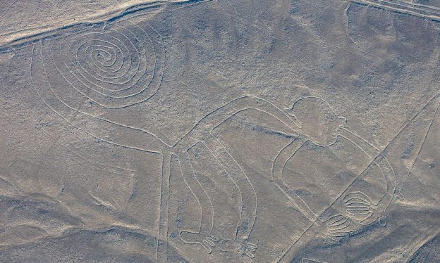 Monkey with Spiral Tail, Nasca Geoglyph, approximately 2000 years old. Photo: Diego Delso, CC BY-SA 4.0.