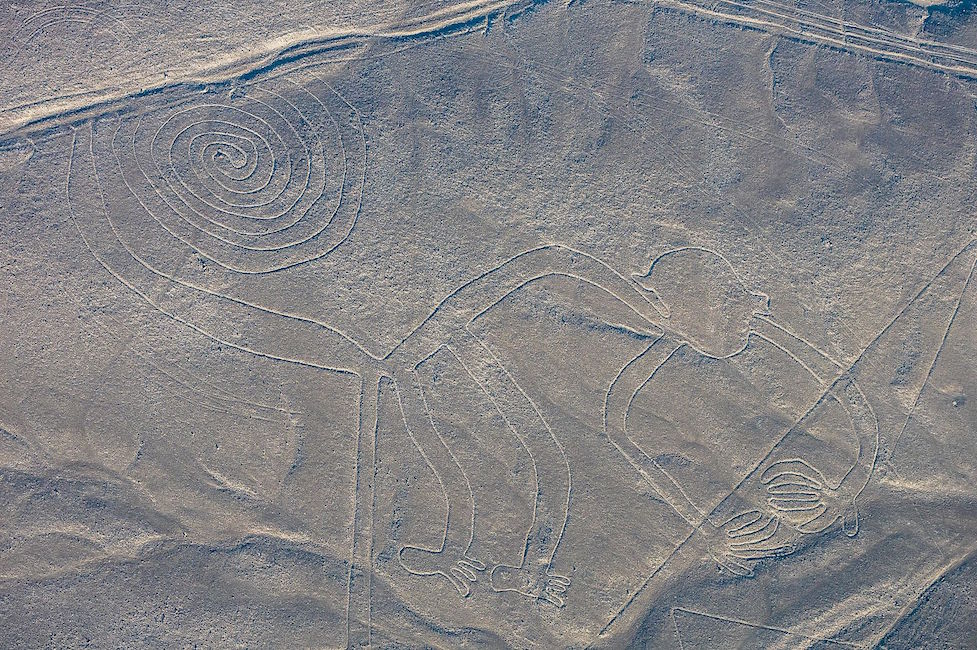 Monkey with Spiral Tail, Nasca Geoglyph, approximately 2000 years old. Photo: Diego Delso, CC BY-SA 4.0.