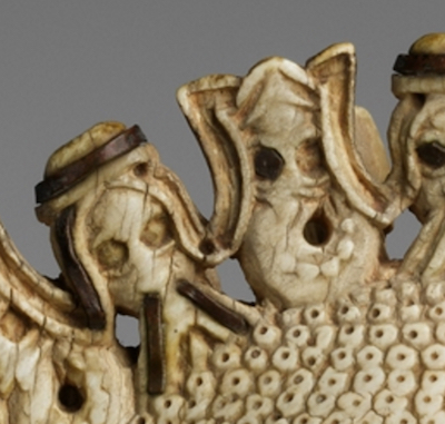 Detail, Queen Mother Pendant Mask (Iyoba), 16th century, Edo peoples, Court of Benin, Nigeria, ivory, iron, copper, 23.8 x 12.7 x 8.3 cm (The Metropolitan Museum of Art)