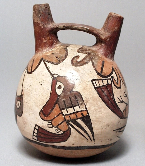 Double-Spout and Bridge Vessel, c. 100-700 CE, Nasca, Peru, polychrome ceramic, 12.07 x 10.16 cm (Los Angeles County Museum of Art)