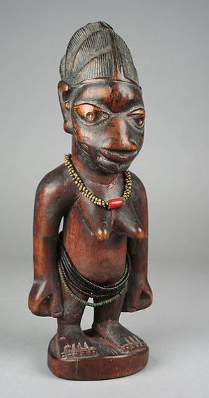 Ibeji Twin Figure, 19th-20th century, Nigeria, Yoruba peoples, wood, beads, cam wood powder, pigment, 9 1/4 x 3 9/16 inches (23.5 x 9 cm)
