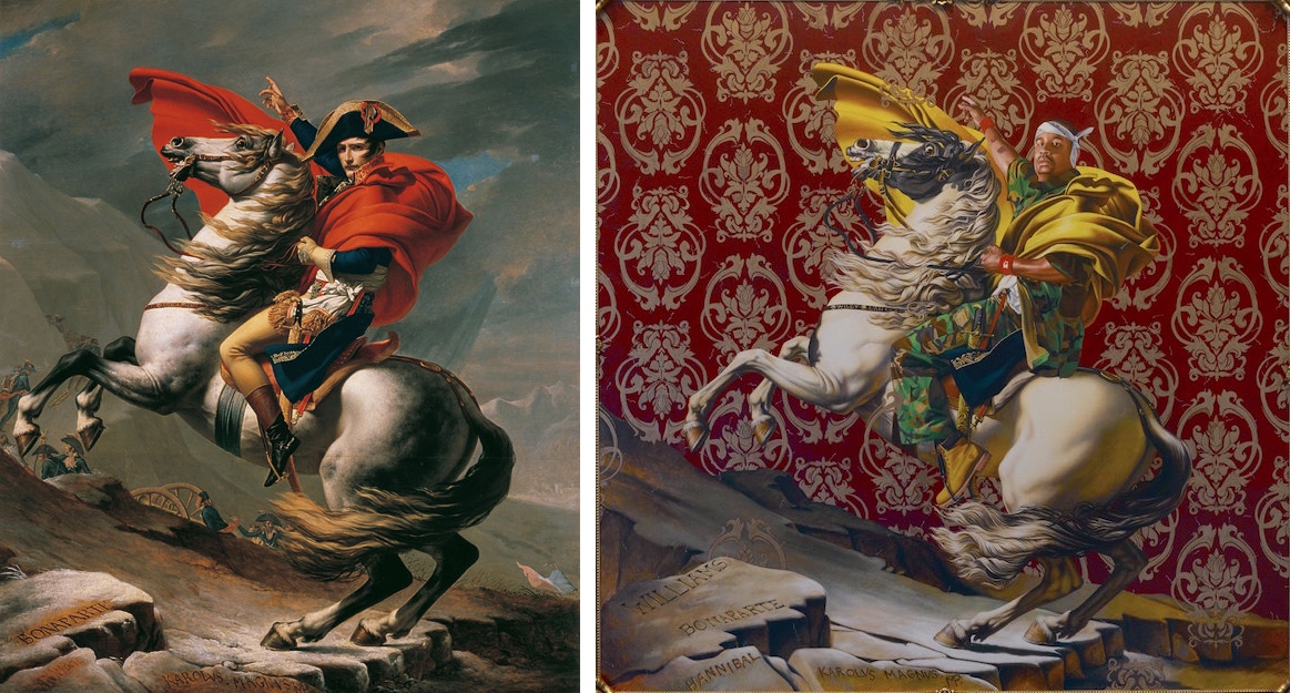 Left: Jacques-Louis David, Napoleon Crossing the Alps or Bonaparte at the St Bernard Pass, 1801 version, oil on canvas, 275 x 232 cm (Österreichische Galerie Belvedere); right: Kehinde Wiley, Napoleon Leading the Army over the Alps, 2005, oil on canvas, 274.3 x 274.3 cm (Brooklyn Museum of Art, New York) © Kehinde Wiley
