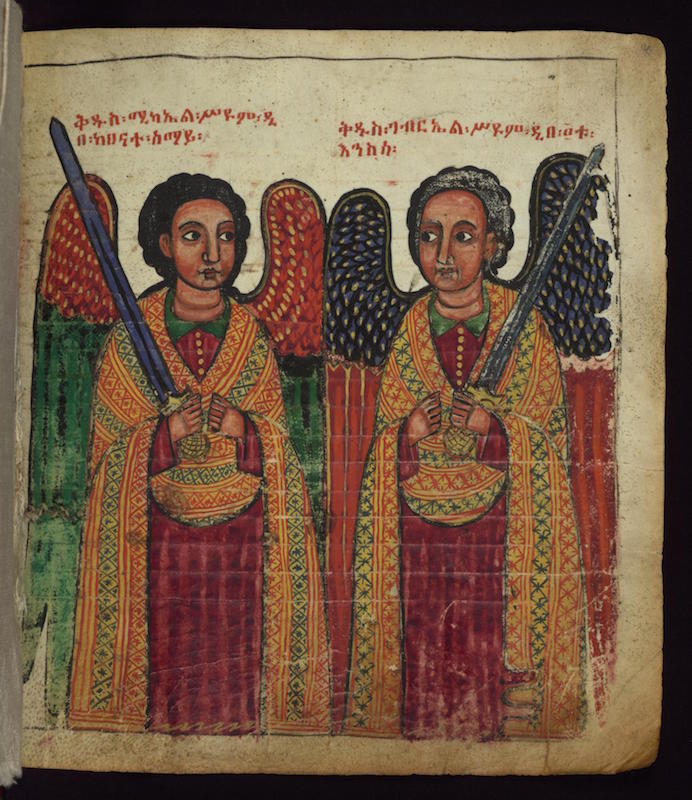 Zämänfäs Qeddus (Scribe), Archangels Michael and Gabriel, late 17th century (Early Gondarine), tempera and ink on parchment, 10 x 9 1/16 inches (The Walters Art Museum)