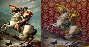 Left: Jacques-Louis David, Napoleon Crossing the Alps, 1801, oil on canvas, 259 x 221 cm (Musée national du Château de Malmaison); right: Kehinde Wiley, Napoleon Leading the Army over the Alps, 2005, oil paint on canvas, 274.3 x 274.3 cm (108 x 108 in) (Brooklyn Museum of Art, New York)