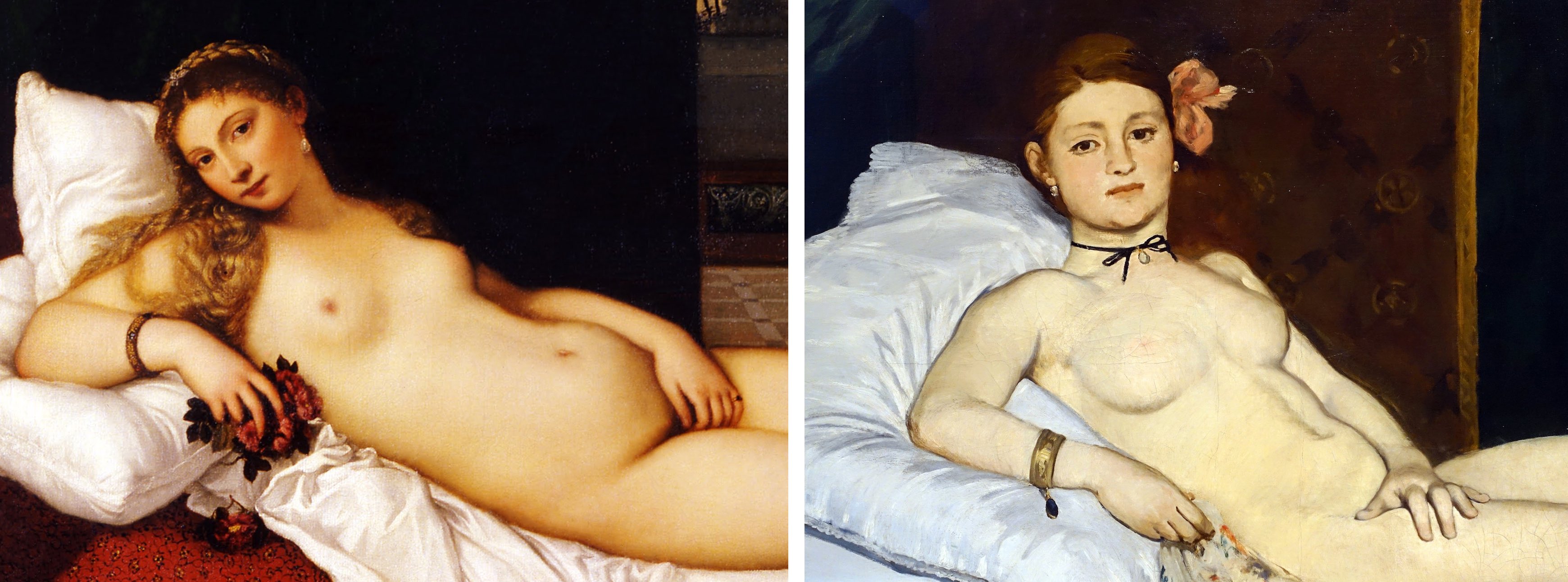 Left: Titian, Venus of Urbino, 1538, oil on canvas, 119.20 x 165.50 cm (Galleria degli Uffizi, Florence); right: Édouard Manet, Olympia, 1863, oil on canvas, 130 x 190 cm (Musée d'Orsay, Paris)