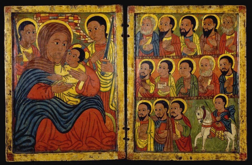 Diptych with Mary and Her Son Flanked by Archangels, Apostles and a Saint, Ethiopia, 15th century, tempera on wood, left panel: 8 7/8 x 7 13/16 x 5/8 inches (The Walters Art Museum)