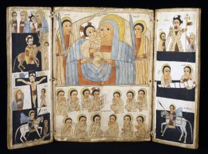 Triptych with Mary and Her Son, Archangels, Scenes from Life of Christ and Saints, Ethiopia, early 16th century, tempera on wood (The Walters Art Museum)
