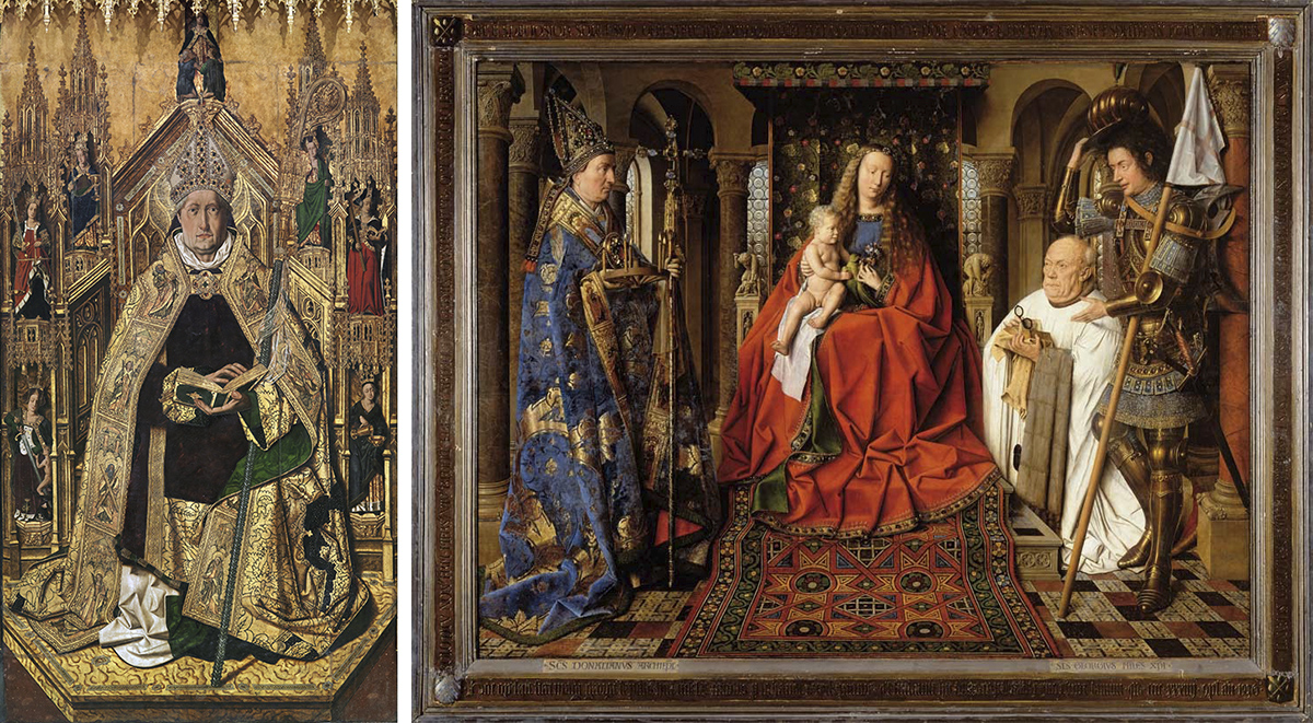 (Left) Bartolomé Bermejo, <em>Saint Dominic of Silos enthroned as a Bishop</em>, 1474-77, oil on panel, 242 x 130 cm (Museum del Prado, Madrid); (Right) Jan van Eyck, <em>The Virgin and Child with Canon van der Paele </em>, 1434-36, oil on wood, 141 x 176.5 cm (Groeningemuseum, Bruges)