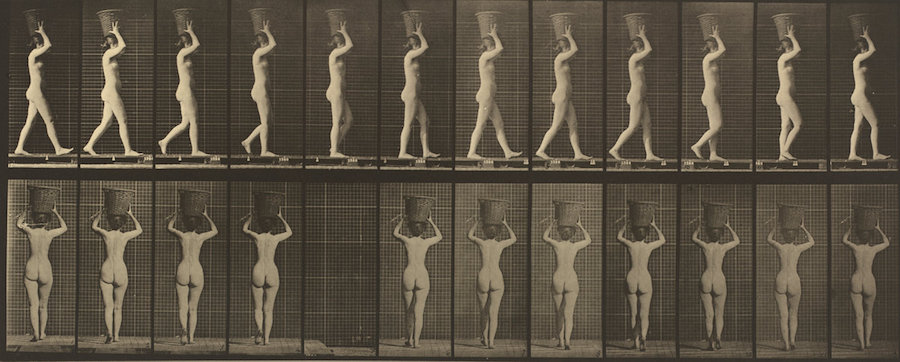 Eadweard Muybridge, Walking and Carrying at 15-lb. Basket on Head, Hands Raised, c. 1887, collotype, 16.8 x 41.8 cm (National Gallery of Art)