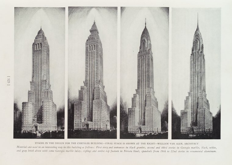 Stages in the design for the Chrysler building, Progressive Architecture, v. 10, July-Dec 1929, page 525