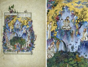Whole page left, and detail, right, Sultan Muhammad, The Court of Gayumars, 47 x 32 cm, opaque watercolor, ink, gold, silver on paper, folio 20v, Shahnameh of Shah Tahmasp I (Safavid), Tabriz, Iran ((Aga Khan Museum, Toronto)
