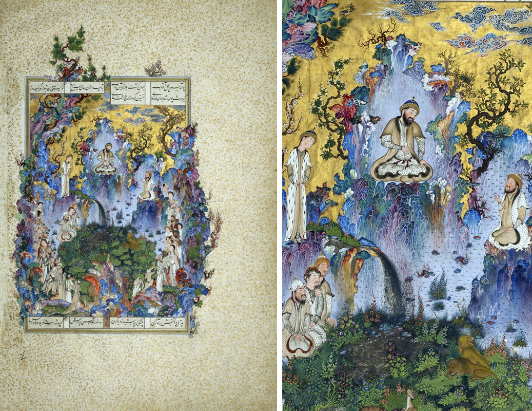 Toda la página izquierda, y detalle, derecha, Sultan Muhammad, La Corte de Gayumars, 47 x 32 cm, acuarela opaca, tinta, oro, plata sobre papel, folio 20v, Shahnameh de Shah Tahmasp I (Safavid), Tabriz, Irán ((Museo Aga Khan, Toronto)