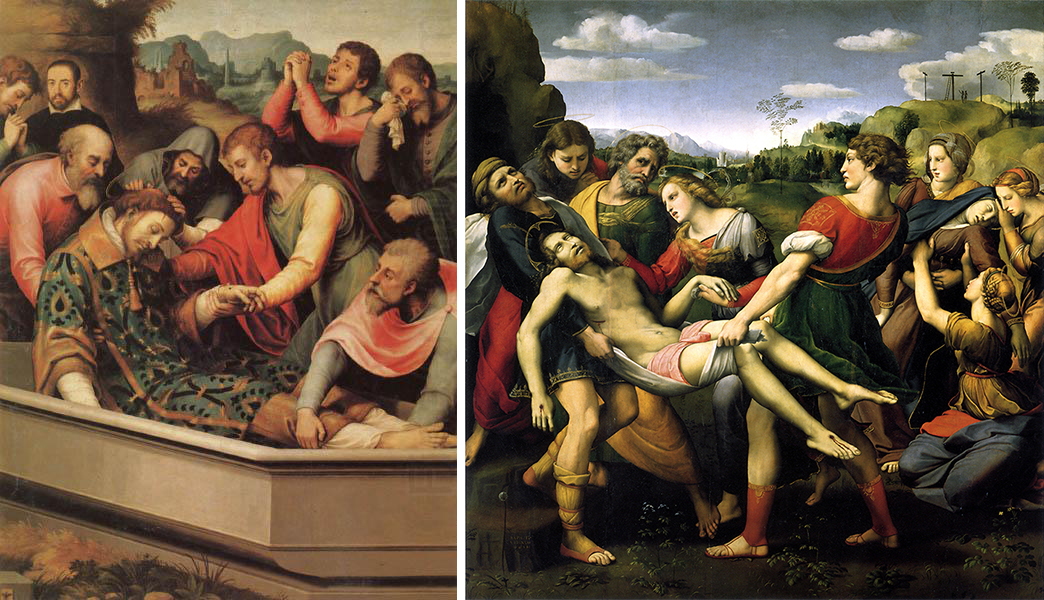 Left: Joan de Joanes, <em>The Burial of Saint Stephen</em>, c. 1562, oil on panel, 160 x 123 cm (Museo del Prado, Madrid); right: Raphael, <em>The Entombment</em>, 1507, oil on wood, 184 × 176 cm (Galleria Borghese, Rome)