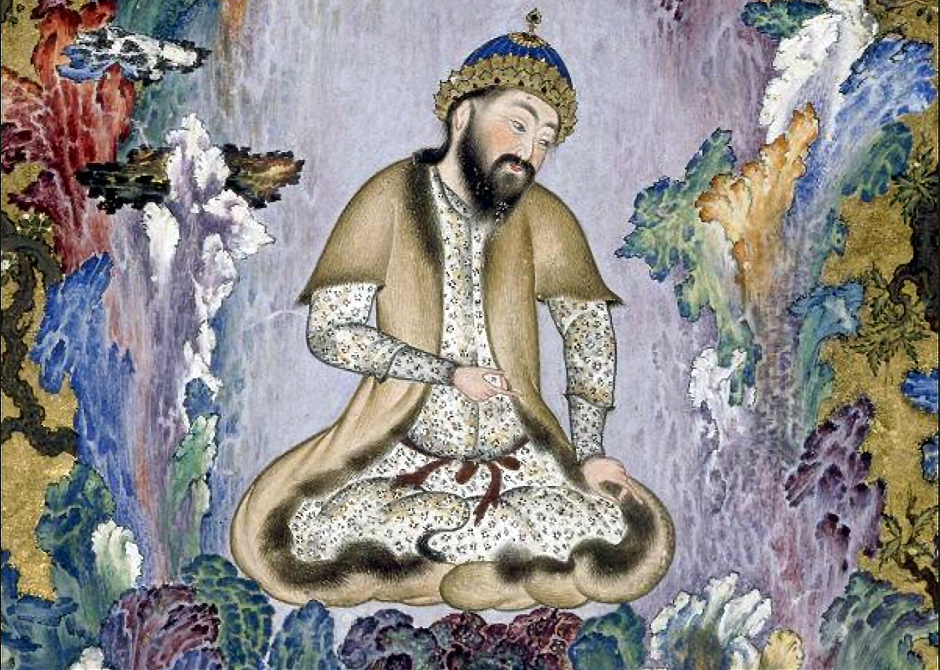 King Gayumars (detail), Sultan Muhammad, The Court of Gayumars, c. 1522, 47 x 32 cm, opaque watercolor, ink, gold, silver on paper, folio 20v, Shahnameh of Shah Tahmasp I (Safavid), Tabriz, Iran (Aga Khan Museum, Toronto)