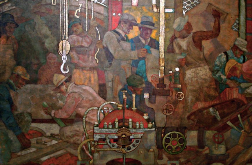 Detail of workmen, Edward Trumbull, Transport and Human Endeavor, oil on canvas attached to ceiling, 1930