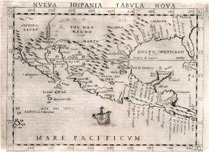 Girolamo Ruscelli, "Nveva Hispania tabvla nova," engraved map of New Spain, 1599, 19 x 25 cm (David Rumsey Historical Map Collection). Note that at its height, the Viceroyalty of New Spain also included Central America, parts of the West Indies, the southwestern and central United States, Florida, and the Philippines.