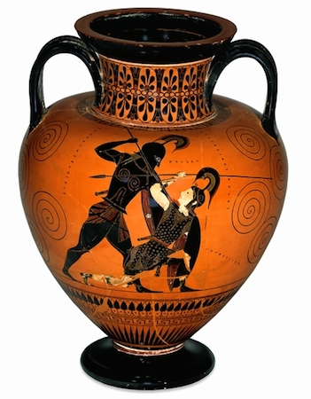 Achilles killing the Amazon Queen Penthesilea, 540-530 B.C.E., black-figured amphora (wine-jar), signed by Exekias as potter and attributed to him as painter, 46 cm tall, Athens, Greece © Trustees of the British Museum.