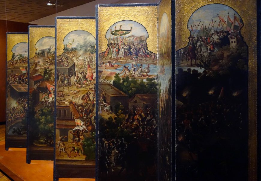 Biombo con la Conquista de México y Vista de la Ciudad de México, Nueva España, finales del siglo XVII (Museo Franz Mayer, Ciudad de México)