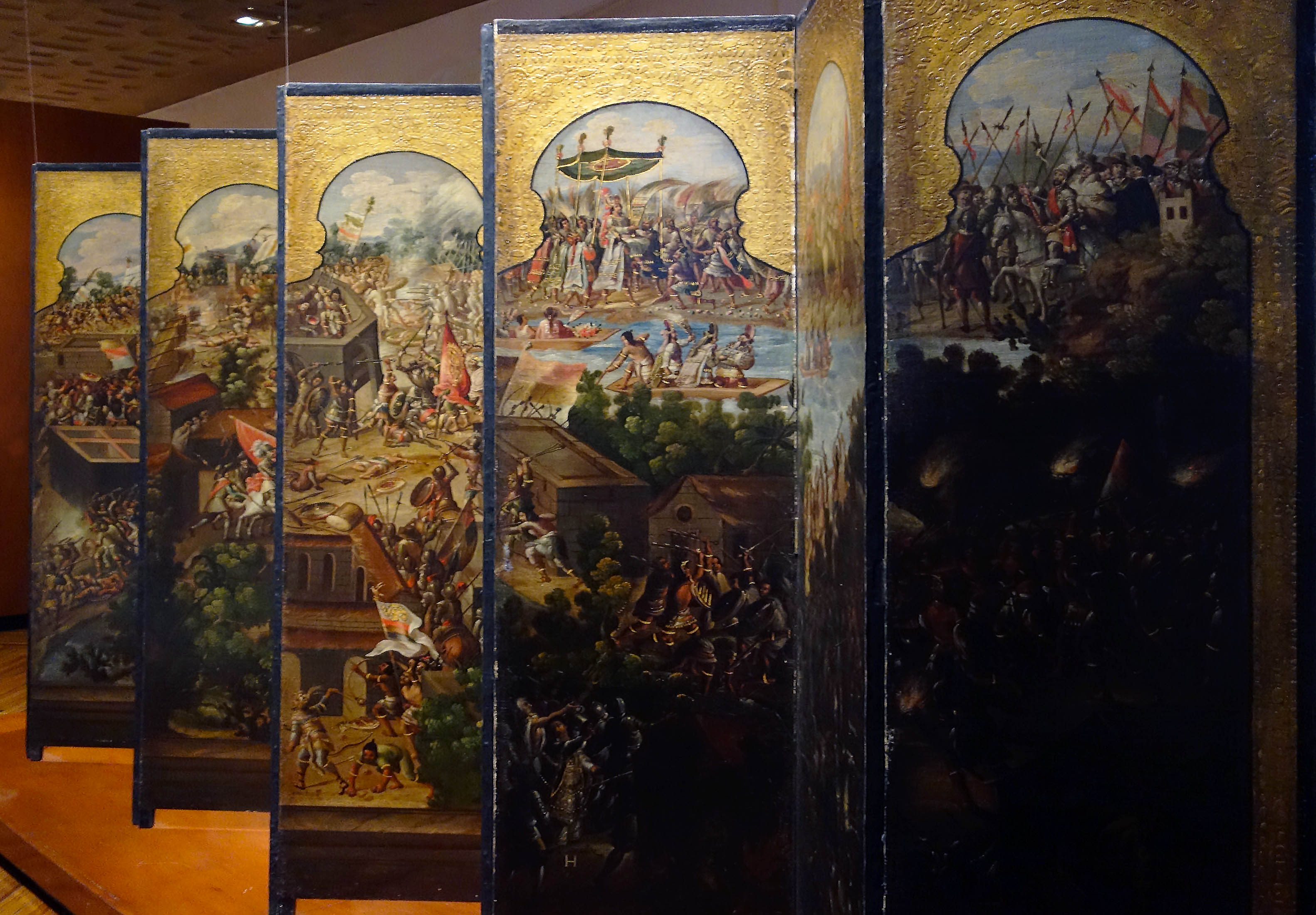 Biombo with the Conquest of Mexico and View of Mexico City, New Spain, late 17th century (Museo Franz Mayer, Mexico City)