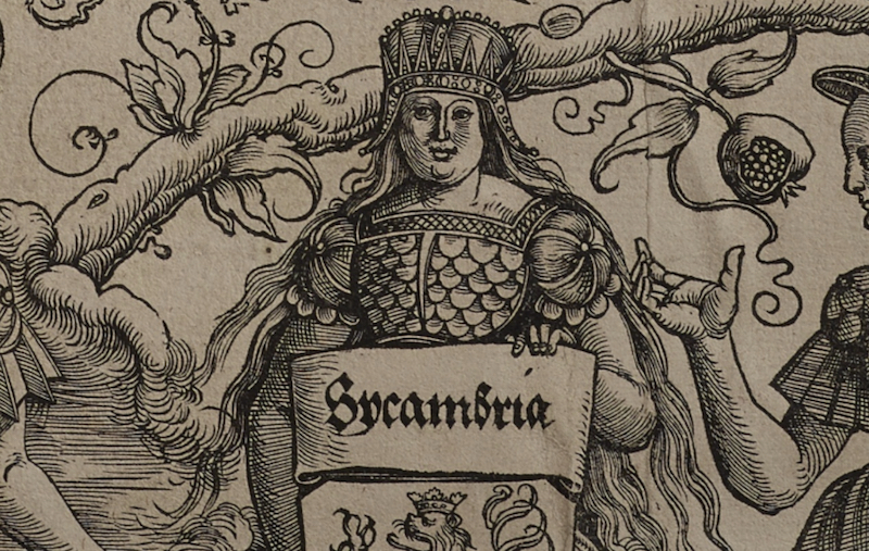 Figure of Sicambria—Maximilian’s genealogical tree is traced back to the first King of France, Clovis I, and the three female representations of the nations of Troy, Sicambia (in the lower Rhine) and Francia)
