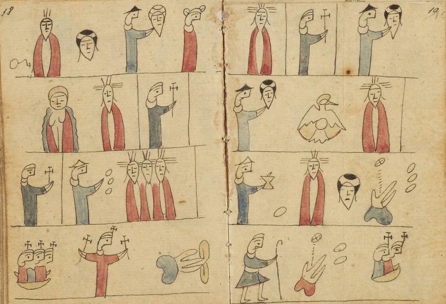 Pictorial Otomi catechism (pictorial prayer book), 1775-1825, Mexico, watercolor on paper, 8 x 6 cm (Princeton University Library)