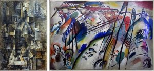 Left: Pablo Picasso, Ma Jolie, 1910-11, oil on canvas, 100 x 64.5 cm (The Museum of Modern Art, New York); right: Vasily Kandinsky, Improvisation 28 (second version), 1912, oil on canvas, 111.4 x 162.1 cm (Solomon R. Guggenheim Museum, New York)