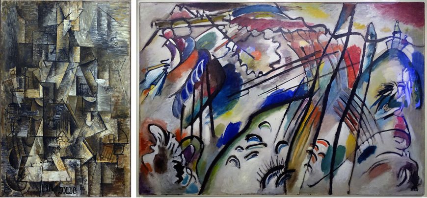 Left: Pablo Picasso, <em>Ma Jolie</em>, 1910-11, oil on canvas, 100 x 64.5 cm (The Museum of Modern Art, New York); right: Vasily Kandinsky, <em>Improvisation 28</em> (second version), 1912, oil on canvas, 111.4 x 162.1 cm (Solomon R. Guggenheim Museum, New York)