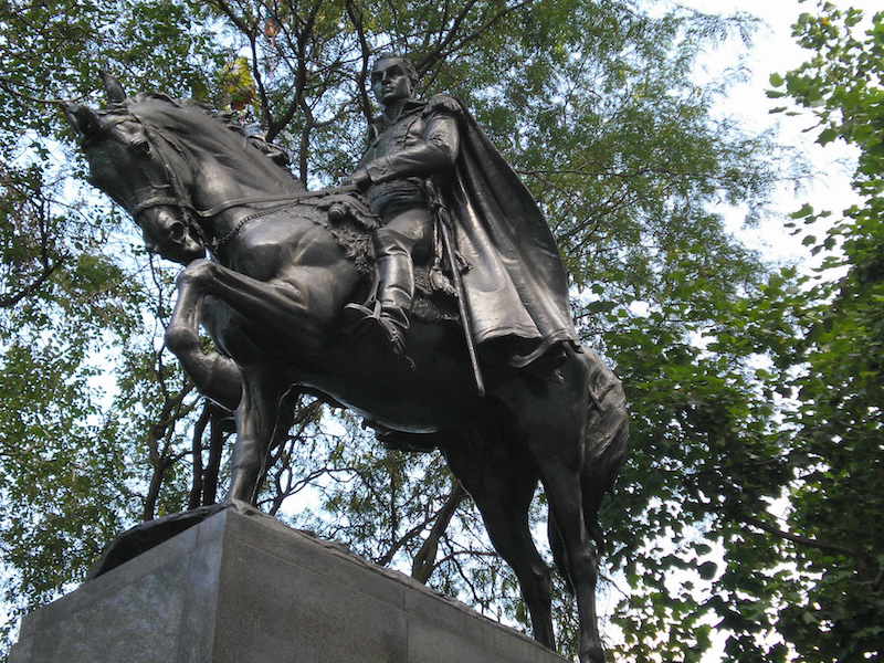 Sally James Farnham, Equestrian Portrait of Simon Bolivar, dedicated 1921, bronze, 13 feet 6 inches tall (located at Central Park South and Avenue of the Americas)