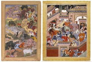 Left: La'l and Kesav Khord, illustration from the Akbarnama, c. 1586–89, Mughal Empire, opaque watercolour and gold on paper, 33 x 20 cm (© Victoria and Albert Museum, London); Right: Page from a Hamza Nama manuscript, 1562–77, Imperial Mughal school (Brooklyn Museum)