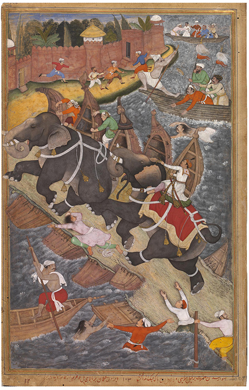 "Emperor Akbar chasing Ran Bagha across the River Jumna," Basawan and Chetar, illustration from the Akbarnama, c. 1586–89, Mughal Empire, opaque watercolor and gold on paper, 33 x 30 cm (Victoria and Albert Museum, London)