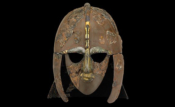 The Sutton Hoo helmet, early 7th century, iron and tinned copper alloy helmet, consisting of many pieces of iron, now built into a reconstruction, 31.8 x 21.5 cm (as restored) © Trustees of the British Museum