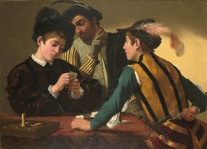 Caravaggio, The Cardsharps, c. 1595, oil on canvas, 37 1/16 x 51 9/16 inches / 94.2 x 130.9 cm (Kimbell Art Museum)