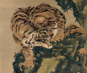 Tiger (detail), Gan Ku, Tiger, hanging scroll, Edo period, c. 1784-96, ink and color on silk. 169 x 114.5 cm, Japan © The Trustees of the British Museum