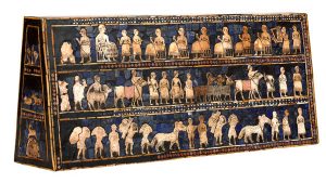 War (detail), The Standard of Ur, 2600-2400 B.C.E., shell, red limestone, lapis lazuli, and bitumen (original wood no longer exists), 21.59 x 49.53 x 12 cm, Ur © Trustees of the British Museum