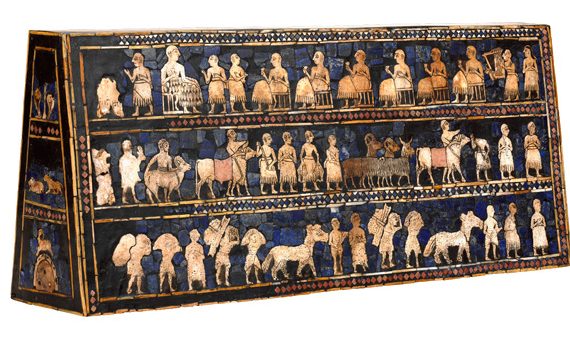 War (detail), The Standard of Ur, 2600-2400 B.C.E., shell, red limestone, lapis lazuli, and bitumen (original wood no longer exists), 21.59 x 49.53 x 12 cm, Ur © Trustees of the British Museum