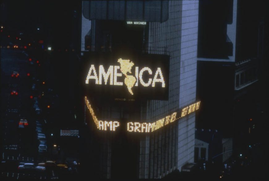 Alfredo Jaar, A Logo for America, 1987, Spectacolor animation, Times Square, New York City, 42 sec. (Photos: Jane Dickson/Public Art Fund)