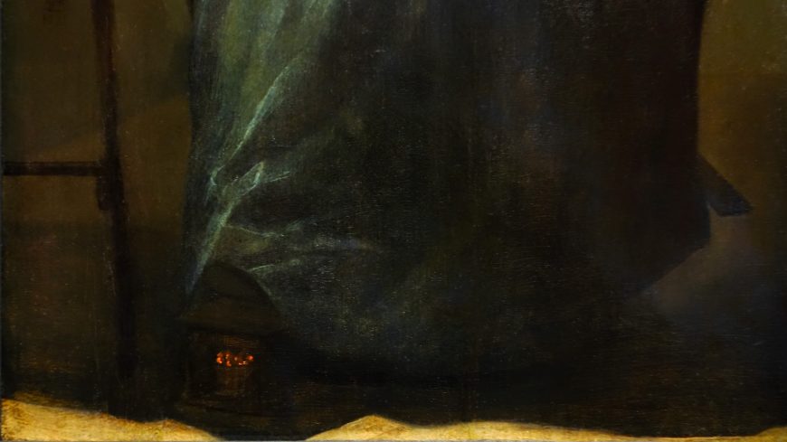 Foot warmer (detail), Judith Leyster, Man Offering Money to a Woman (The Proposition), 1631, oil on panel, 11-3/8 × 9-1/2 inches (Mauritshuis, The Hague)