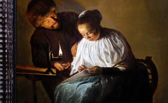 Detail, Judith Leyster, Man Offering Money to a Woman (The Proposition), 1631, oil on panel, 11-3/8 × 9-1/2 inches (Mauritshuis, The Hague)