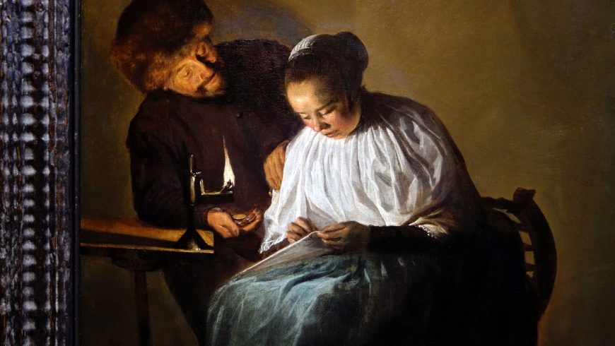 Detalle, Judith Leyster, Hombre Ofreciendo Dinero a una Mujer (La Proposición), 1631, óleo sobre tabla, 11-3/8 × 9-1/2 pulgadas (Mauritshuis, La Haya)