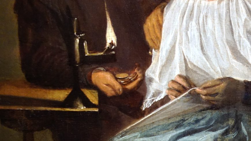 Hands (detail), Judith Leyster, Man Offering Money to a Woman (The Proposition), 1631, oil on panel, 11-3/8 × 9-1/2 inches (Mauritshuis, The Hague)