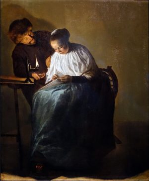 Judith Leyster, The Proposition, 1631, oil on panel, 11-3/8 × 9-1/2 inches (Mauritshuis, The Hague)