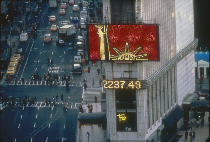 Catalina Parra, USA, Where Liberty is a Statue, 1987, Spectacolor animation, Times Square, New York City (photo: Jane Dickson, Public Art Fund)