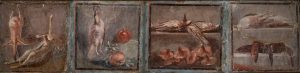 Stil-Life with Chicken and Hare (right), Still Life with Partridge, Pomegranate and Apple (second from let), Still Life with Thrushes and Mushrooms (third from left), Still-Life with Partridges and Eels (right), Fourth Style wall painting from Herculaneum, Italy, c. 62-69 C.E., fresco, 14 x 13 1/2 inches (Archaeological Museum, Naples)