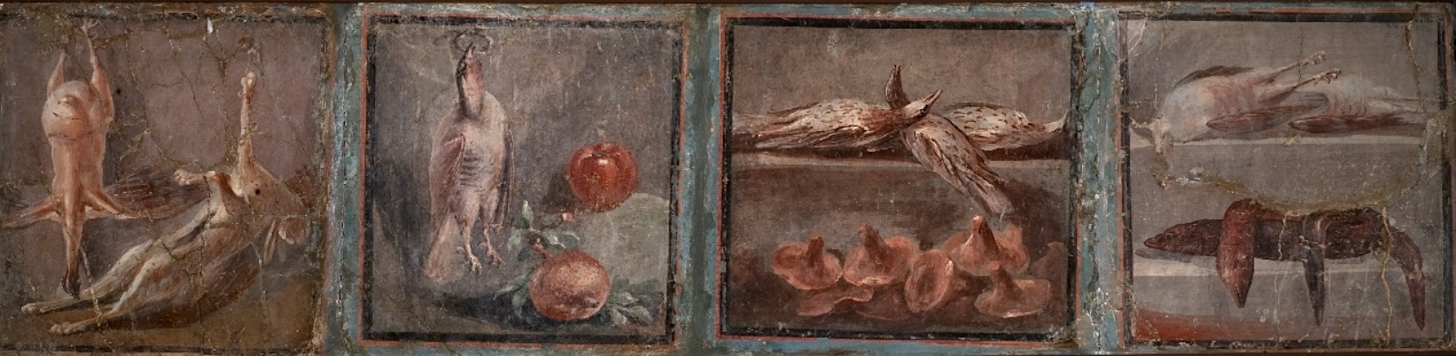 Stil-Life with Chicken and Hare (right), Still Life with Partridge, Pomegranate and Apple (second from let), Still Life with Thrushes and Mushrooms (third from left), Still-Life with Partridges and Eels (right), Fourth Style wall painting from Herculaneum, Italy, c. 62-69 C.E., fresco, 14 x 13 1/2 inches (Archaeological Museum, Naples)