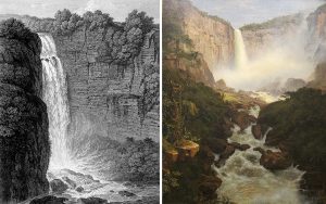 Left: Alexander von Humboldt, Tequendama Falls, 1810, lithograph, from Vues des cordillères (Paris: F. Schoell, 1810); right: Frederic Edwin Church, Tequendama Falls, near Bogotá, 1854, oil on canvas, 153.5 x 122 cm (Cincinnati Art Museum)